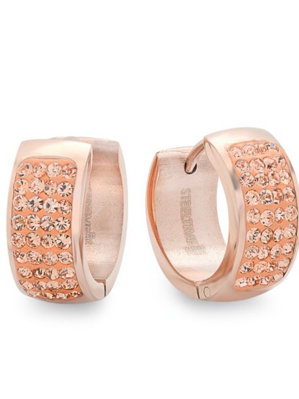 Steeltime Rose Gold Plated Huggie Earrings with Rose Gold Simulated Diamonds